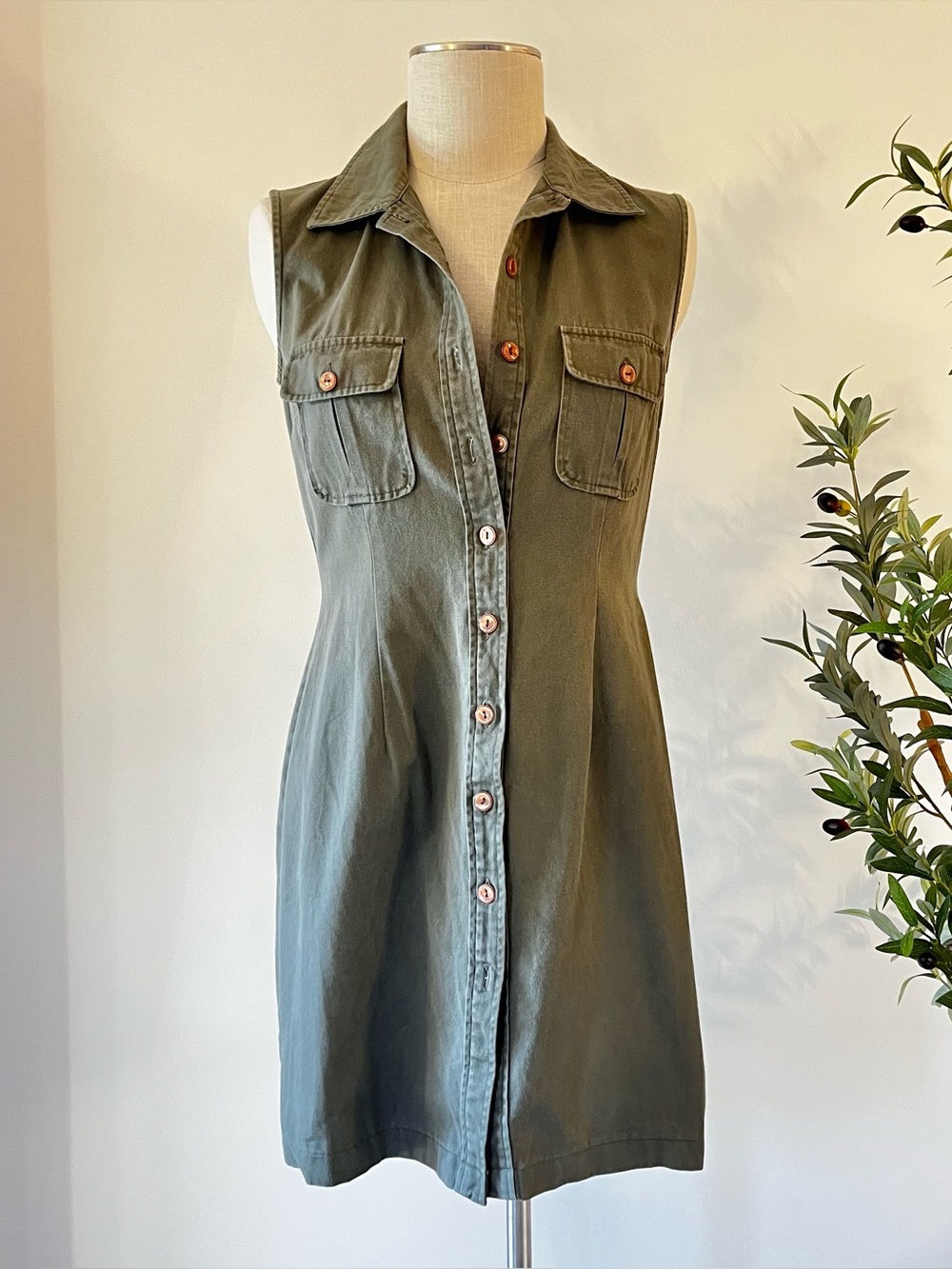 Y2K Sleeveless Utility Shirt Dress - Olive Green